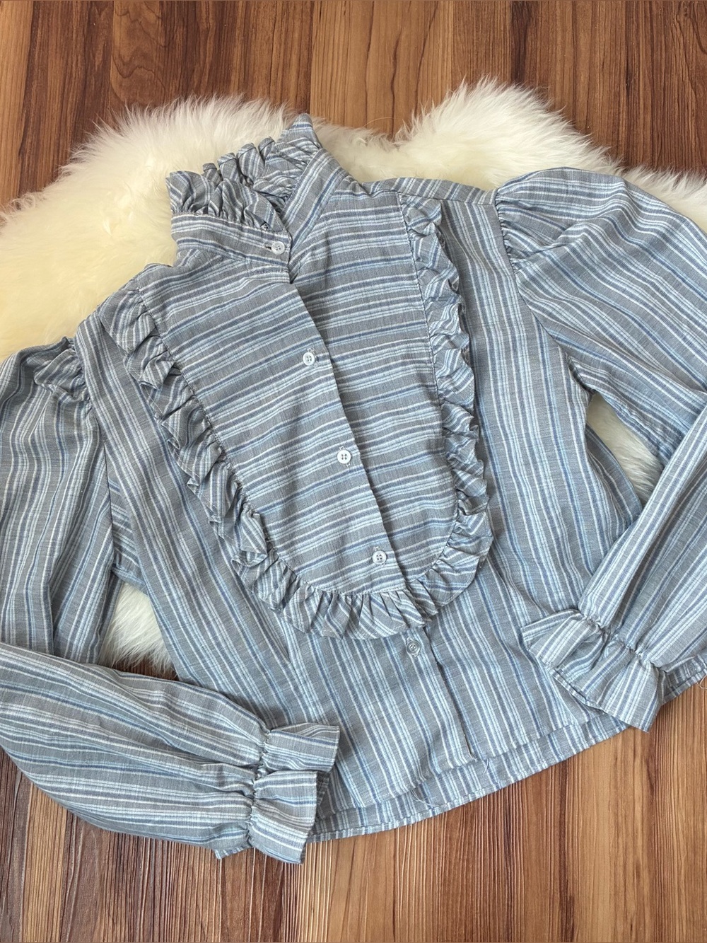 Vintage Retro Marmalade Blue Grey Ruffled Button Up Long Sleeve Blouse • Size 10